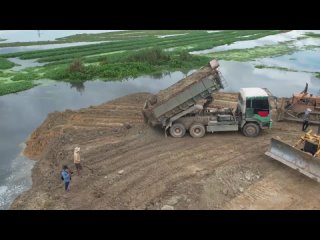 best wonderful operator old bulldozer use power pushing soil and 12 wheel dump truck delivery unloading best